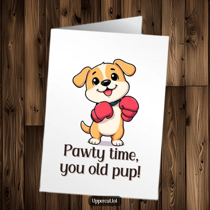 Funny Free Printable Birthday Card: A cute dog in boxing mitts playfully tapping paws, ready to deliver birthday cheer.