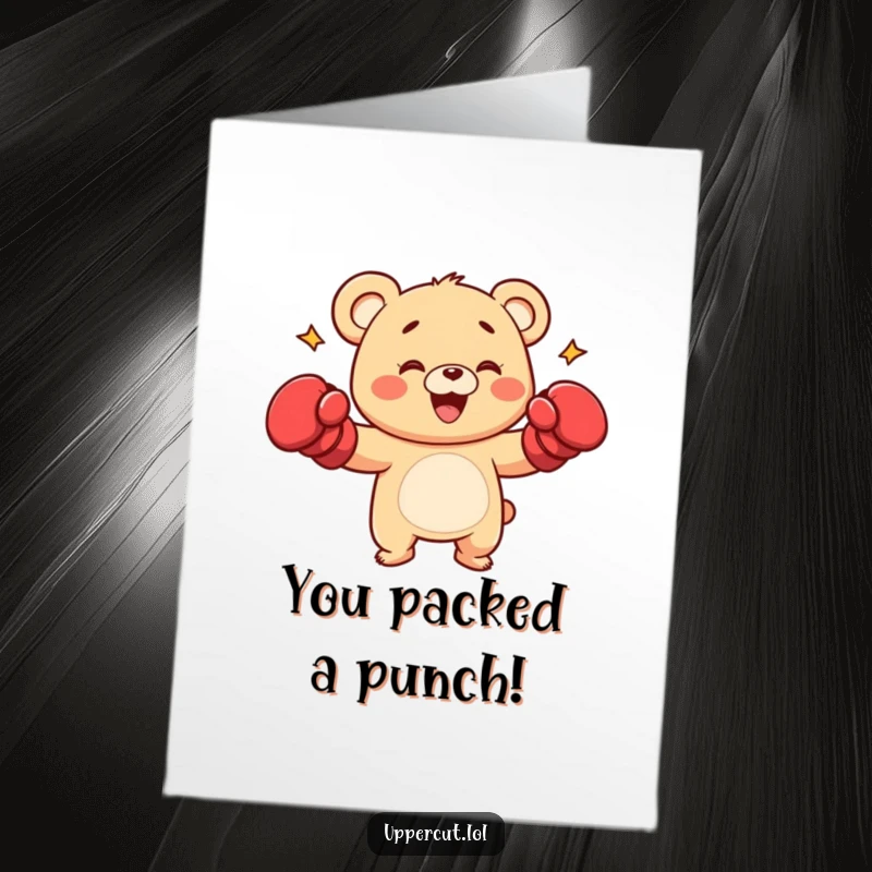 Funny Free Printable Congrats Card: A happy bear cub in boxing gloves delivering a playful punch to celebrate success.