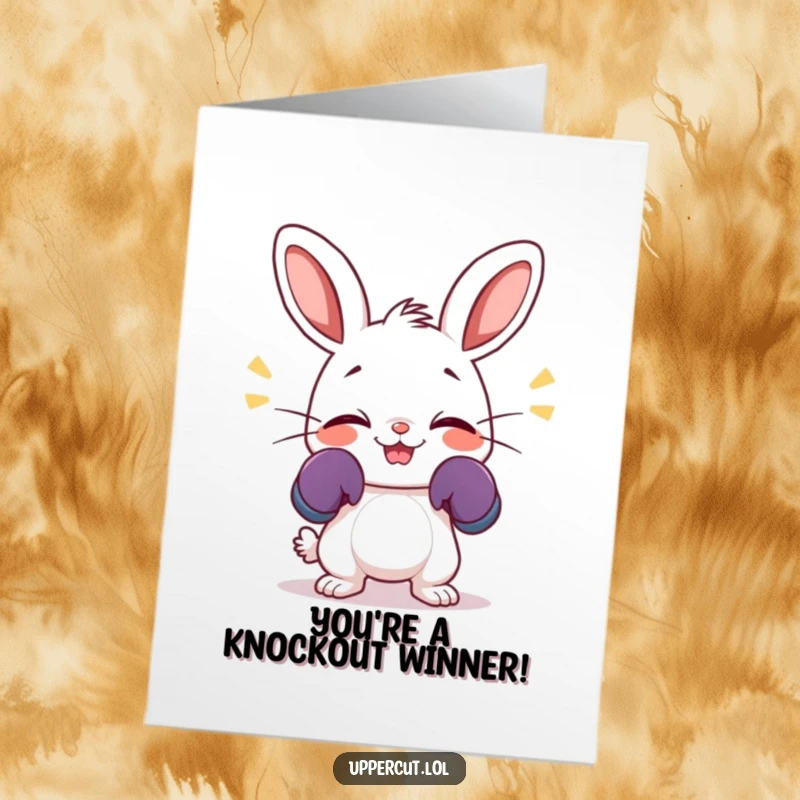 Funny Free Printable Congrats Card: Excited rabbit with mini boxing gloves, nose wiggling, ready to celebrate.