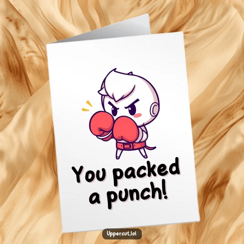 Funny Free Printable Congrats Card: Determined boxing glove character delivers a strong punch, celebrating an achievement.
