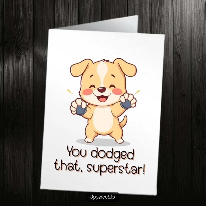 Funny Free Printable congratulations card: a cheerful puppy in tiny gloves dodges a shadow punch, celebrating a win.