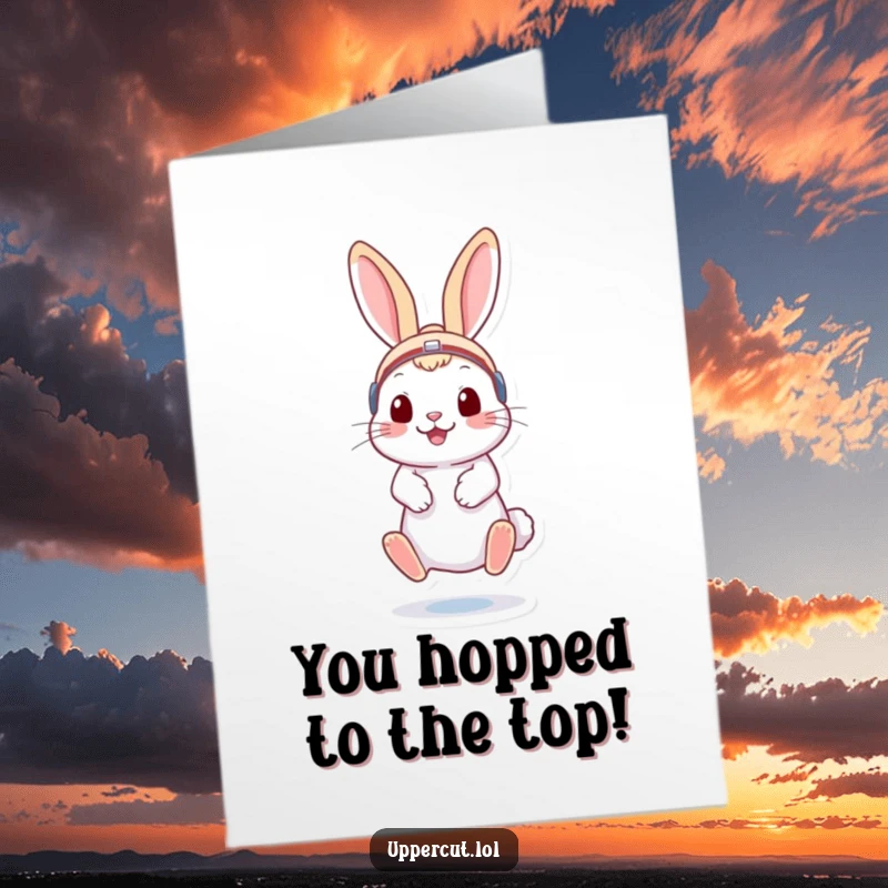 Funny Free Printable Congratulations Card of a playful rabbit wearing headgear, bouncing on its toes, celebrating an achievement.