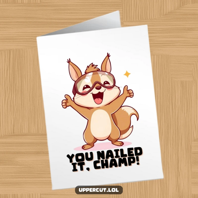 Funny Free Printable Congrats Card: Ecstatic squirrel in headguard performing a triumphant victory dance, spreading cheer.