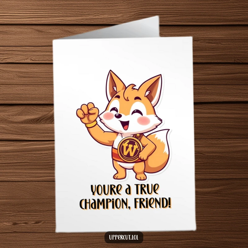 Funny Free Printable Congratulations Card: A victorious fox with a championship belt, raising a paw in triumph, celebrating your win.
