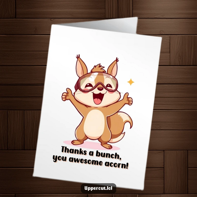 Funny Free Printable Thank You Card: Gleeful squirrel with headguard doing a victory dance, expressing thanks joyfully.