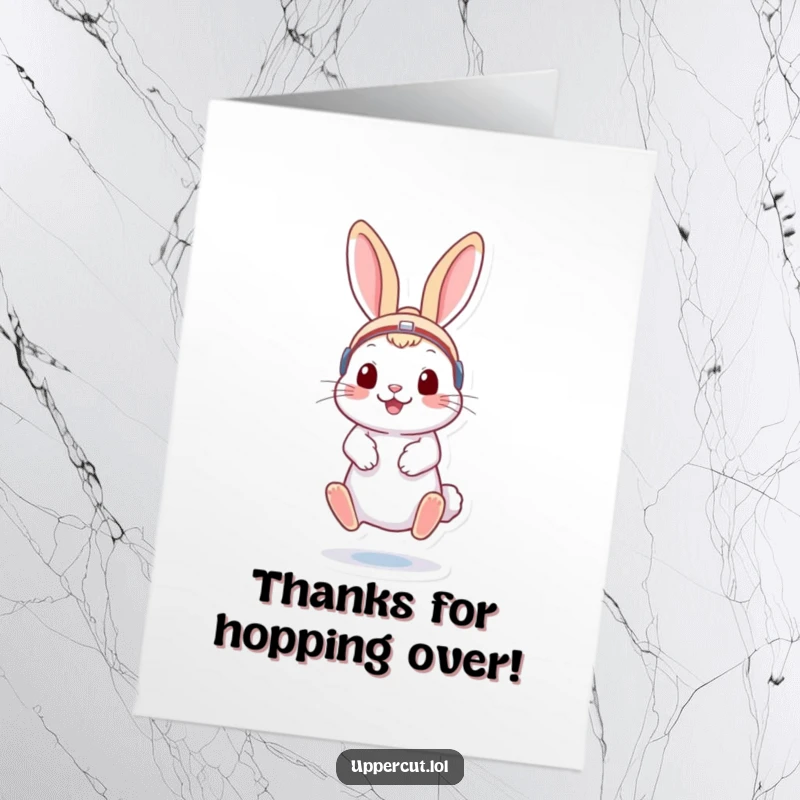 Funny Free Printable Thank You Card featuring a playful rabbit in headgear, bouncing excitedly, perfect for expressing thanks.