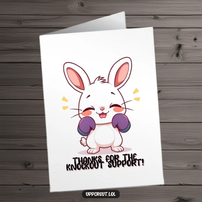 Funny Free Printable Thank You Card: Happy rabbit with tiny boxing gloves, nose wiggling, expressing thanks.