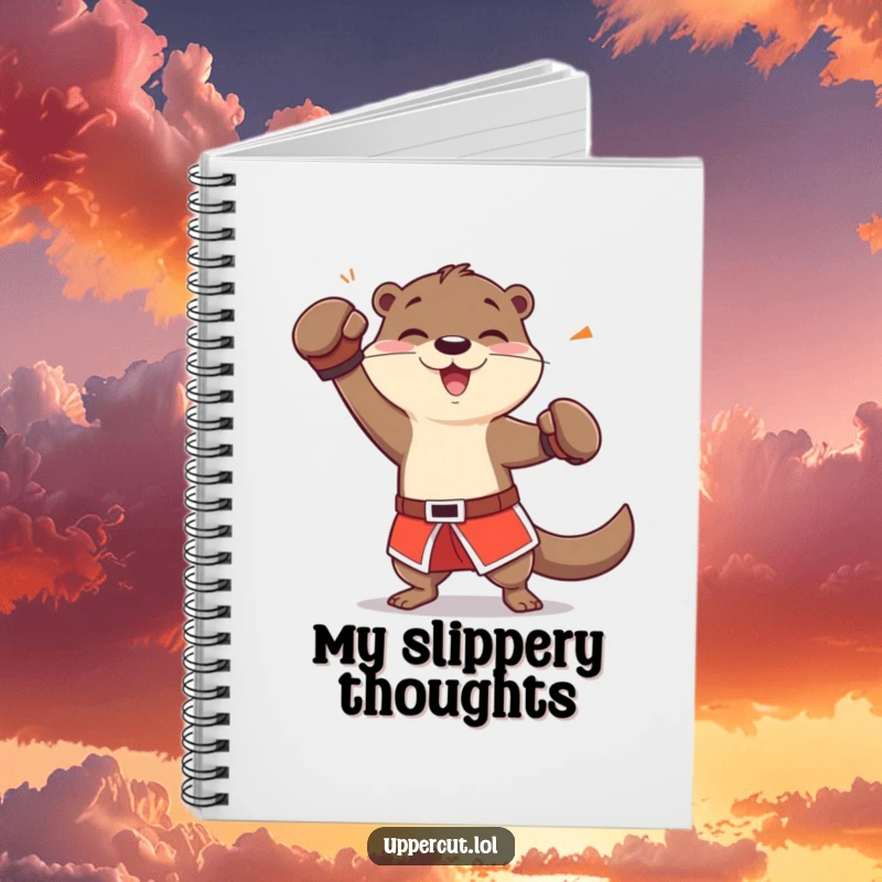 Funny otter character in boxing shorts, shown playfully dodging a jab, a swift and humorous notebook.