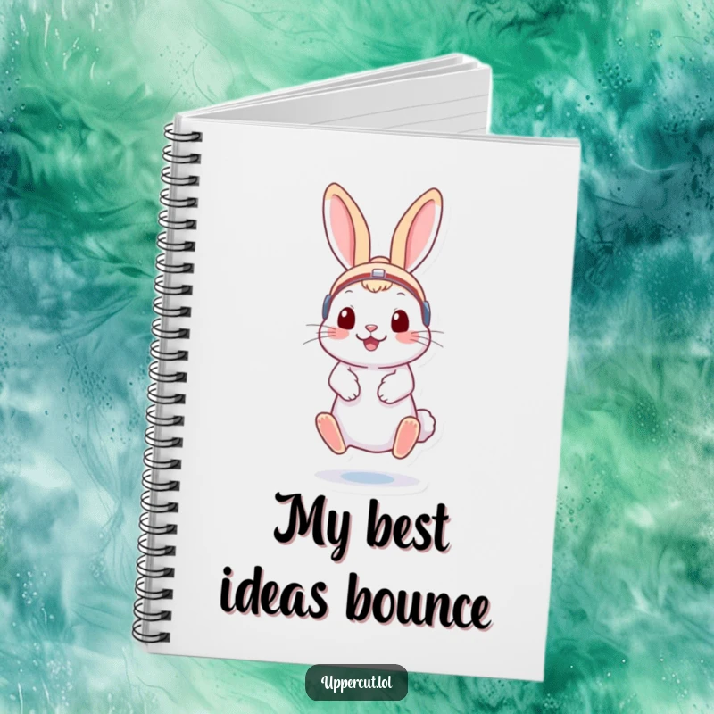 Funny rabbit in boxing headgear, playfully bouncing on toes, a humorous notebook for jotting down energetic thoughts.