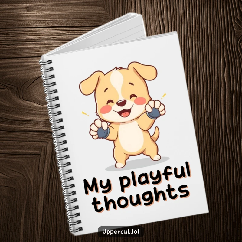 Funny notebook with a cheerful puppy wearing tiny gloves, playfully dodging a shadow punch, inspiring creativity and organization.