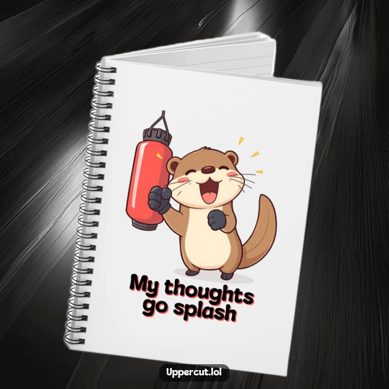 Funny otter in gloves, playfully punching a floating bag, a humorous notebook for jotting down joyful ideas.