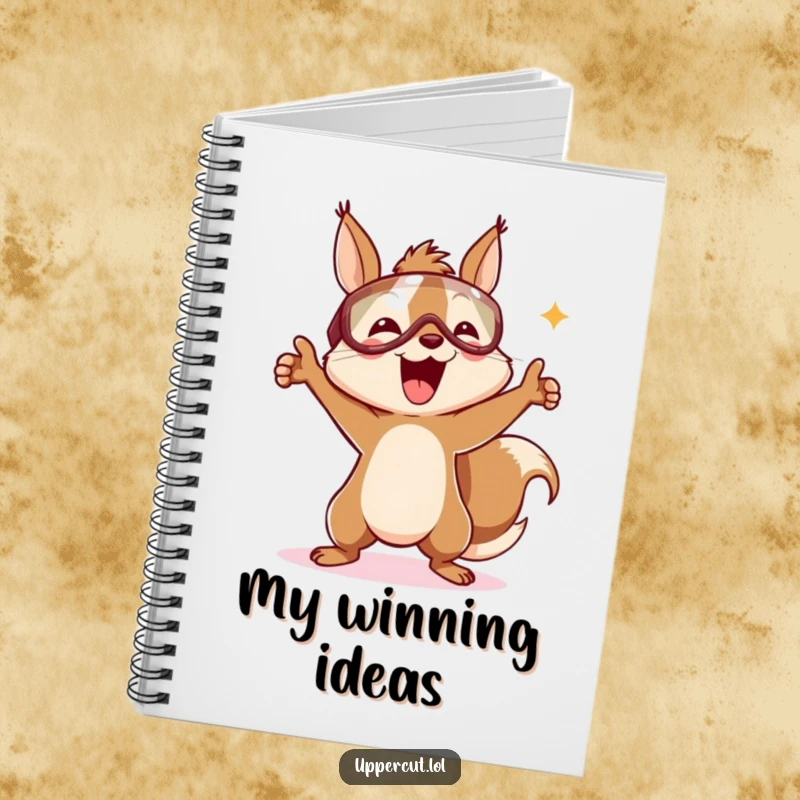 Funny notebook with a delighted squirrel in a headguard, doing an ecstatic victory dance, ready to capture inspired thoughts.