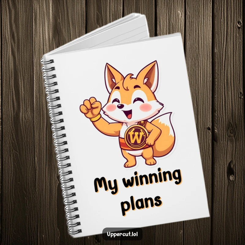 Funny fox champion notebook featuring a triumphant cartoon fox wearing a championship belt and raising a paw, ideal for notes.