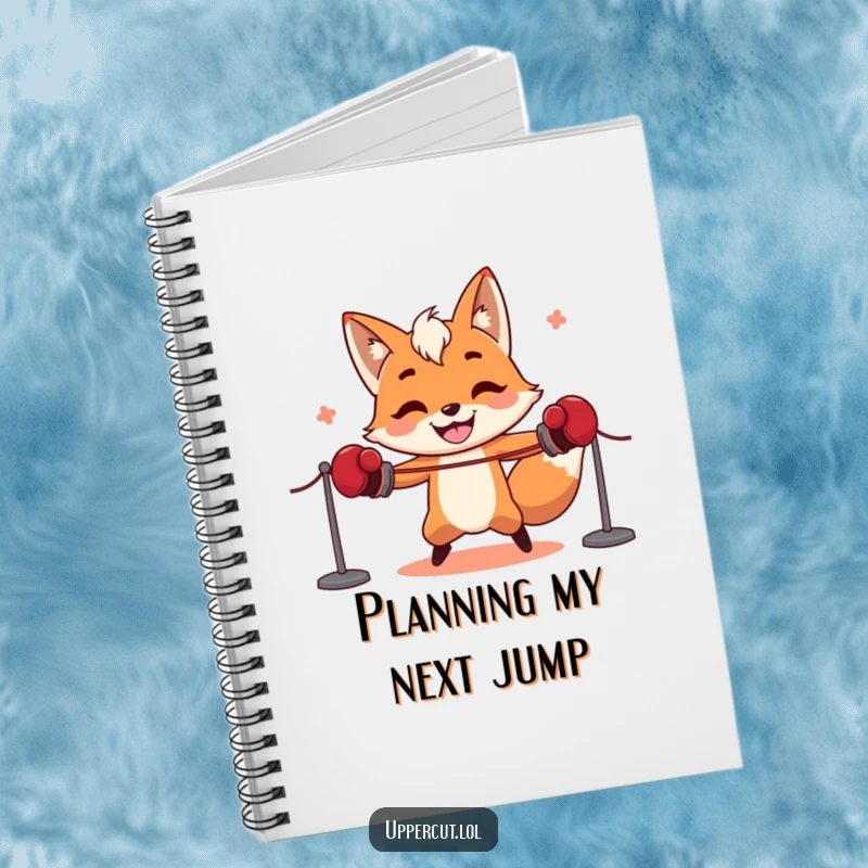 Funny fox wearing boxing gloves, comically attempting jump rope, a humorous notebook for jotting down funny ideas.