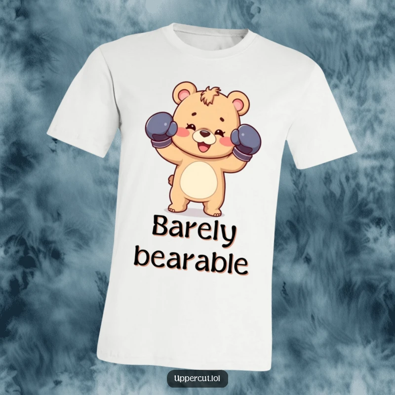 Funny t-shirt with a happy bear cub in boxing gloves, throwing a playful jab, embodying strength and humor.