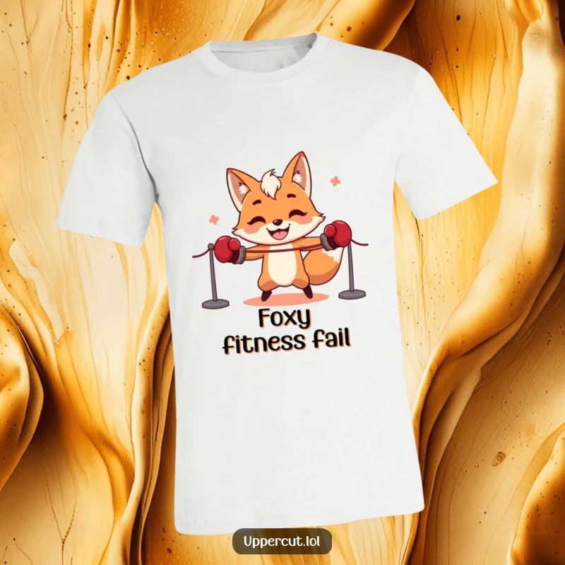 Funny fox wearing boxing gloves, comically attempting to skip rope, showcasing a hilarious workout struggle on a t-shirt.