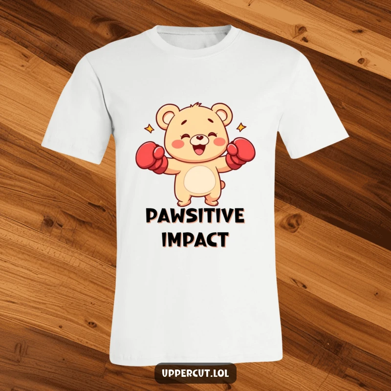 Funny bear cub character in boxing gloves, throwing a playful punch, a dynamic and humorous graphic tee.
