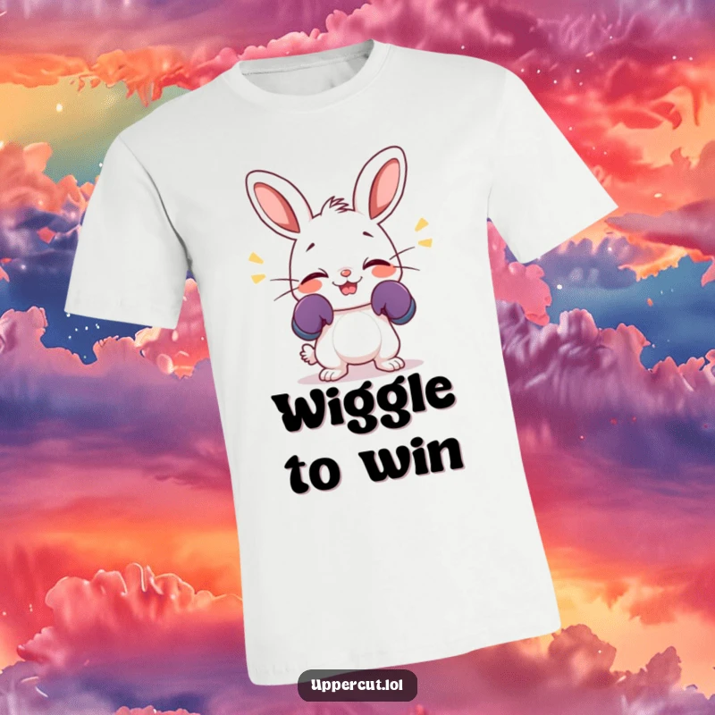 Funny t-shirt displaying a giggling rabbit in tiny boxing gloves, wiggling its nose with pure, unadulterated excitement.
