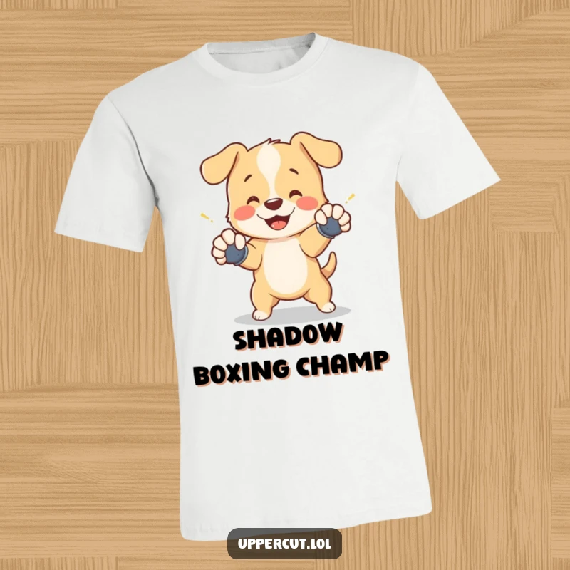 Funny t-shirt with a cheerful puppy in tiny gloves, playfully dodging a shadow punch, radiating cuteness and humor.