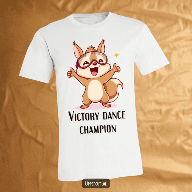 Funny t-shirt showcasing a delighted squirrel in a headguard, executing a jubilant victory dance pose with pure joy.