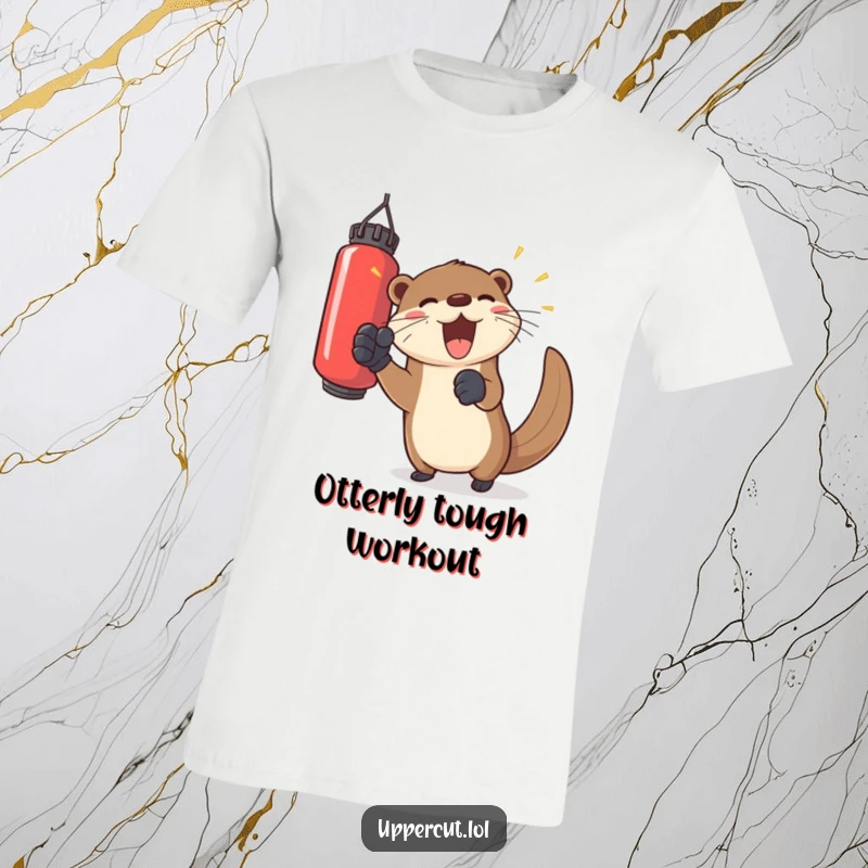 Funny otter in gloves, playfully punching a floating bag, a humorous t-shirt for joyful and active vibes.