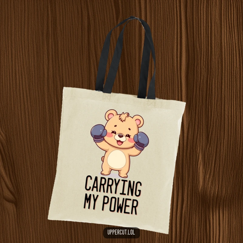 Funny tote bag with a happy bear cub in boxing gloves, throwing a playful jab, ready for any adventure.