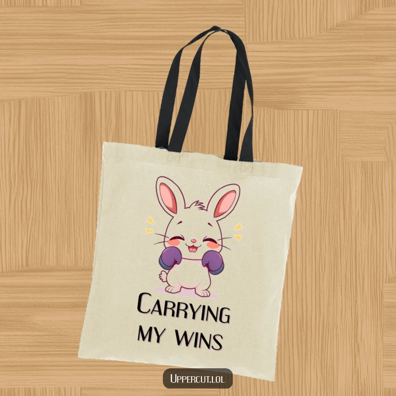 Funny tote bag with a giggling rabbit in miniature boxing gloves, enthusiastically wiggling its nose with infectious energy.