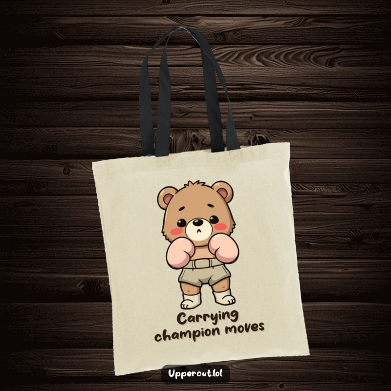 Funny Bear Boxing Tote Bag: Determined bear in boxing shorts humorously bobbing and weaving, a durable and funny accessory.