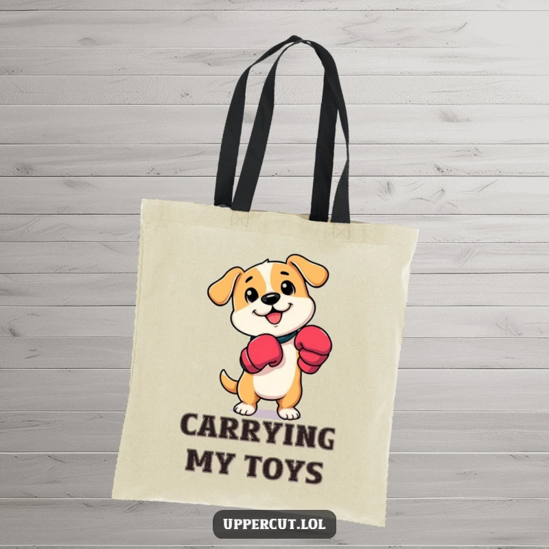 Funny dog boxer tote bag featuring a cartoon dog in boxing mitts, playfully tapping its paws, ready for adventure.