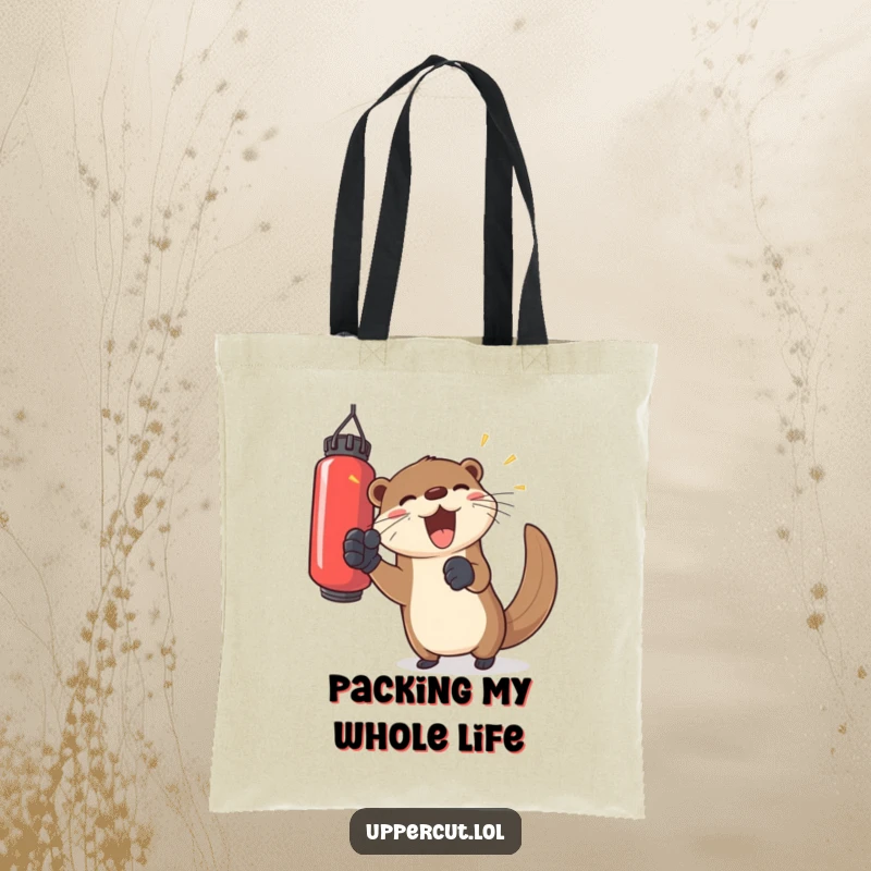 Funny otter in gloves, playfully punching a floating bag, a humorous tote bag for joyful errands.