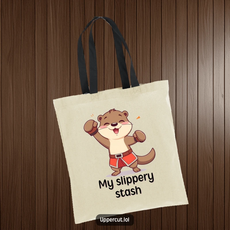 Funny otter character in boxing shorts, playfully dodging a jab, a durable and humorous tote bag for gym or errands.